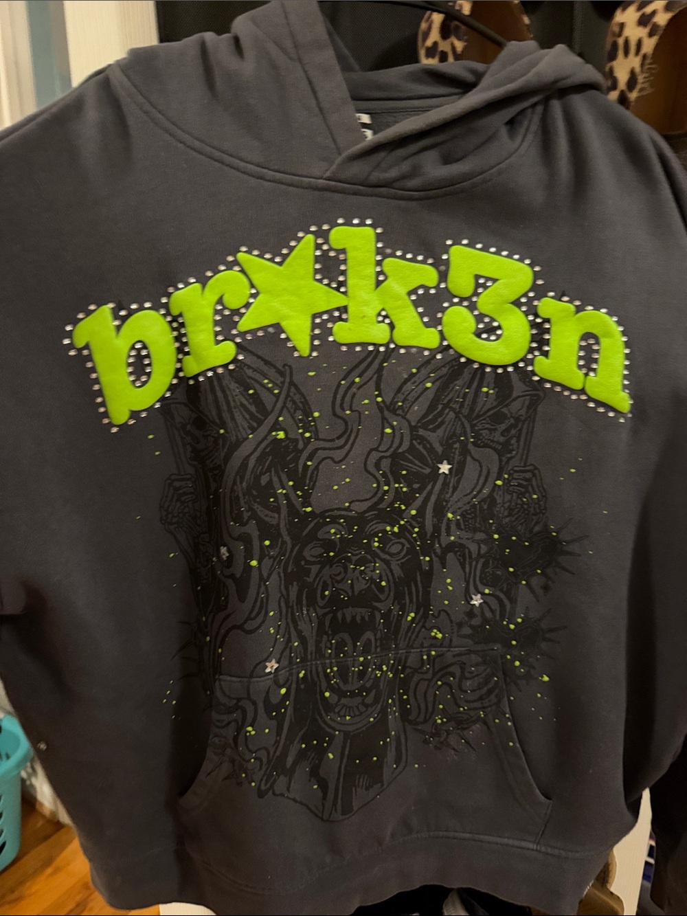 BR★K3N Graphic Hoodie in Charcoal with Neon Green